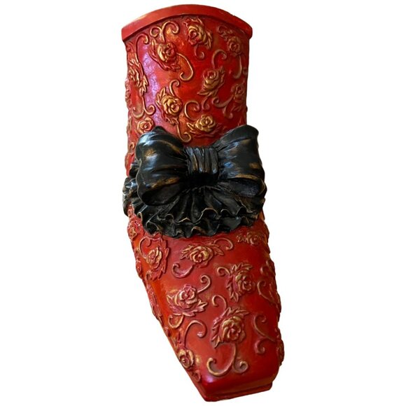 RARE! Vtg Ornate Red Plaster Shoe Planter Frilly Black Bow, Roses & Gold Accents - Picture 8 of 15